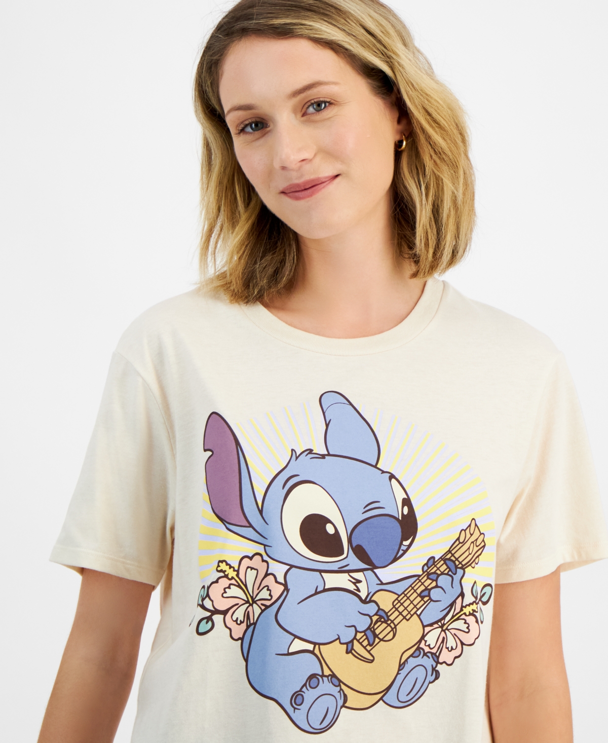 Disney Juniors' Retro Ohana Stitch Crewneck T-shirt In Whitecap Grey