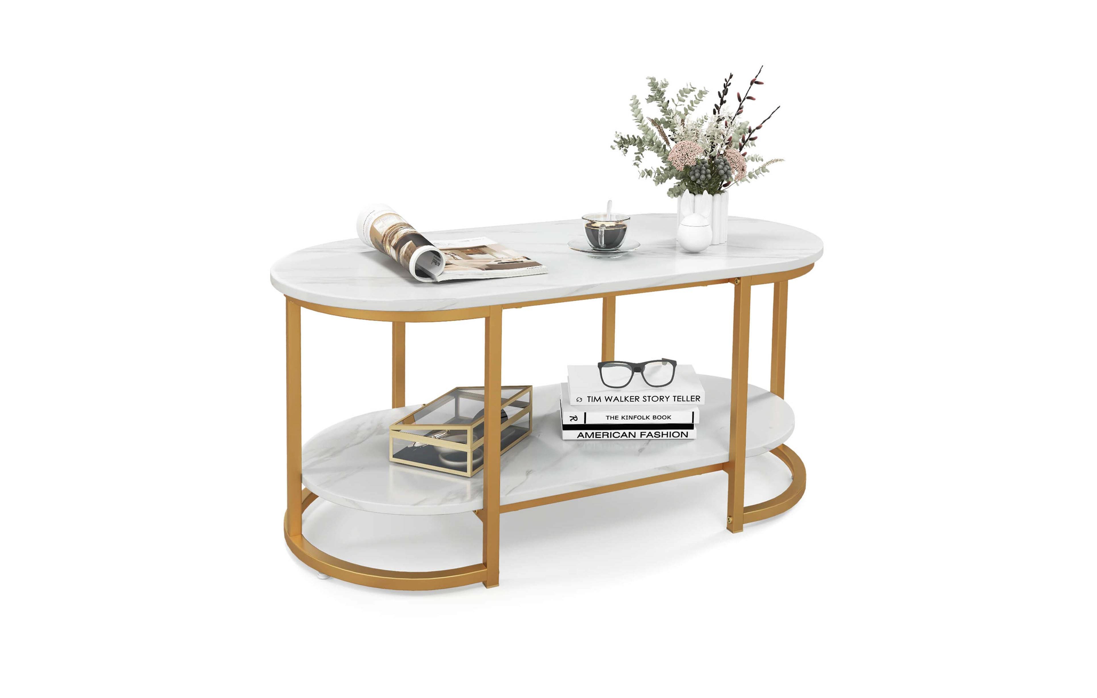 White Marble Coffee Table Modern 2-Tier Center Table with Open Storage Shelf