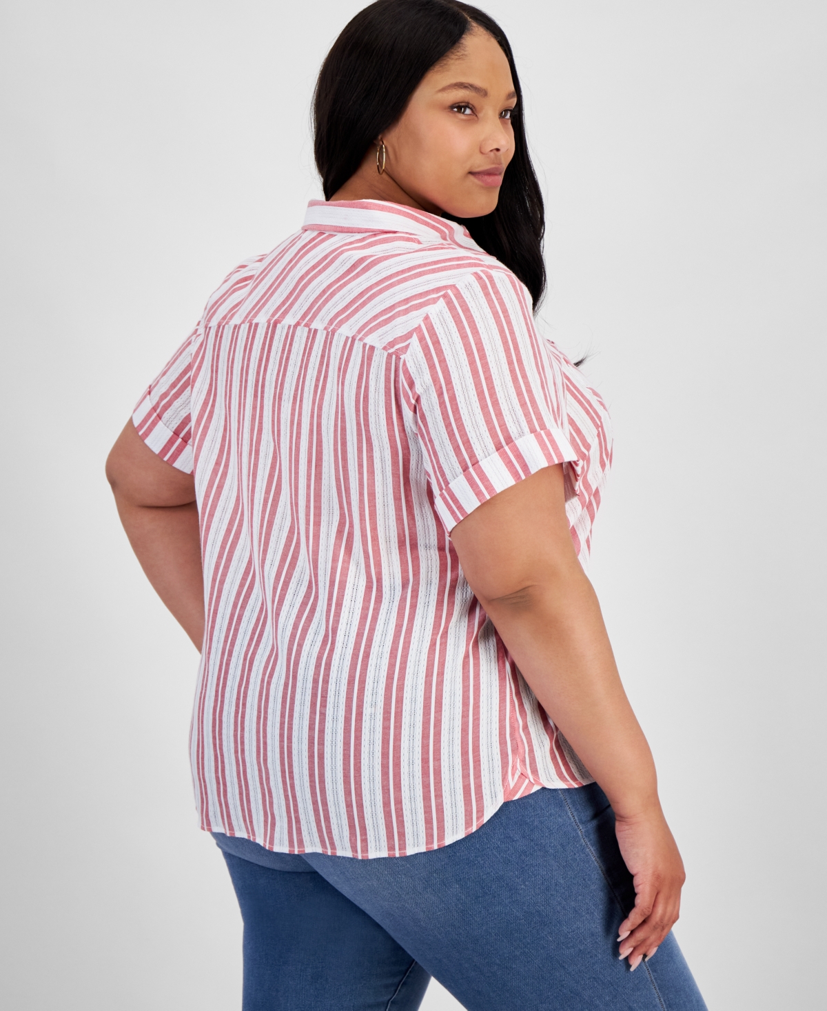 Tommy Hilfiger Plus Size Cotton Dobby Stripe Camp Shirt -Scarlet