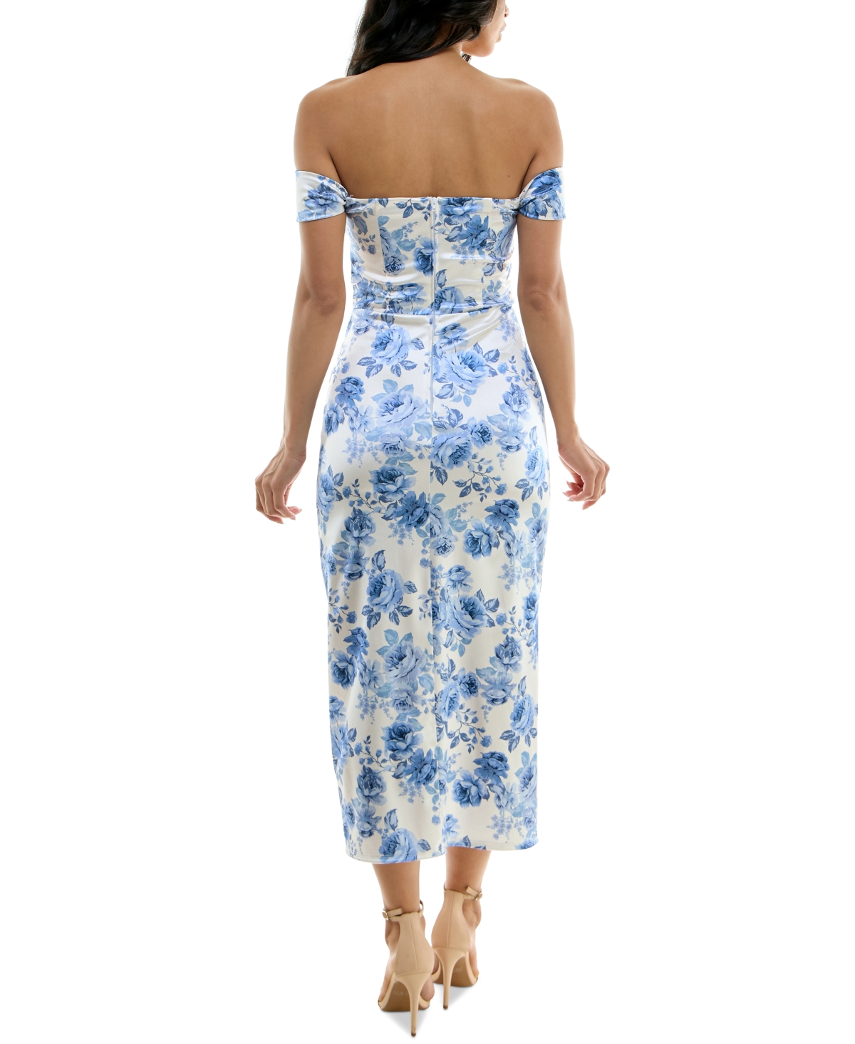 Shop Speechless Juniors' Floral-print Ruched Midi Dress In Ivory Denim