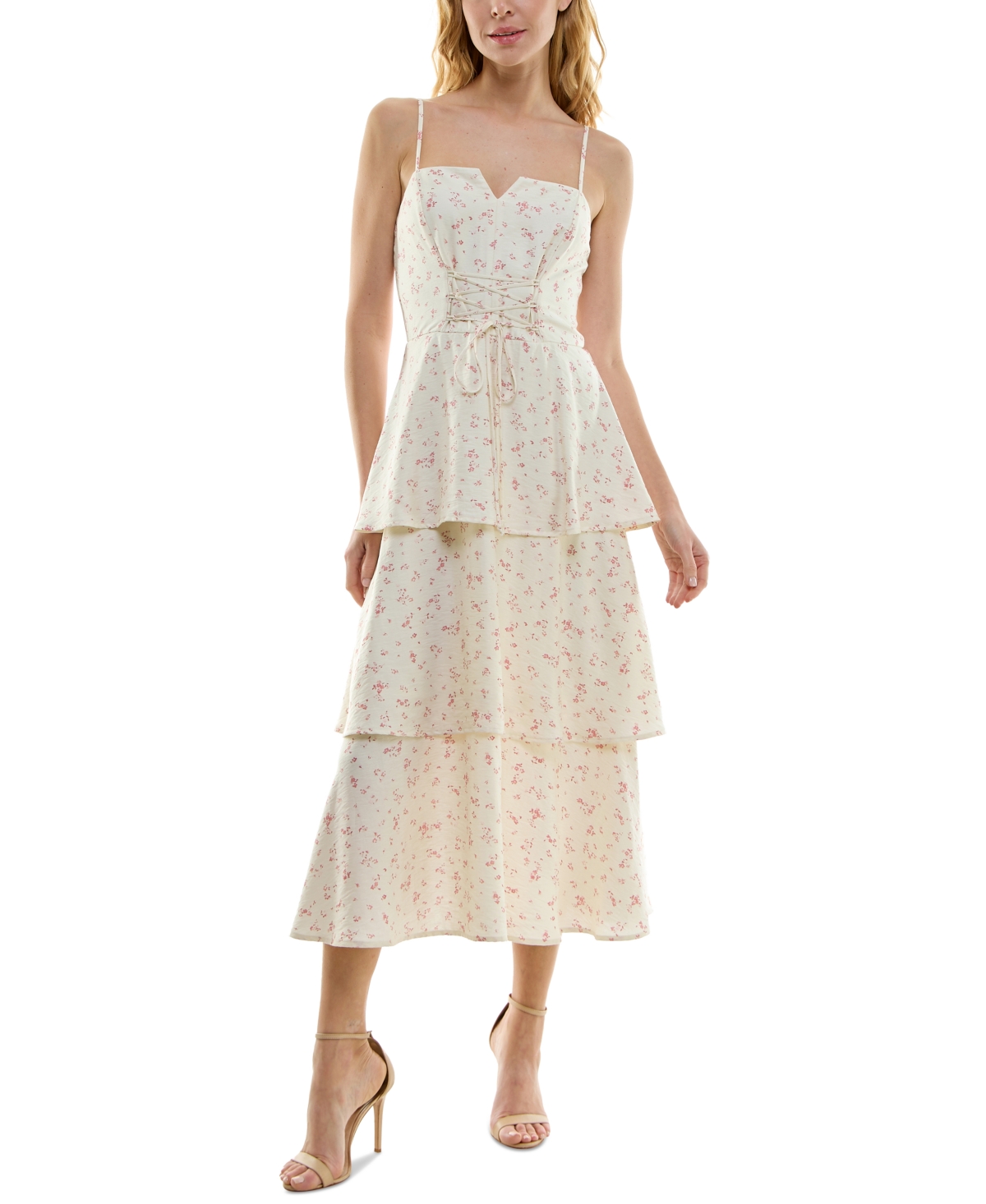 Shop Trixxi Juniors' Tiered Lace Sleeveless Midi Dress In Naturalpnk