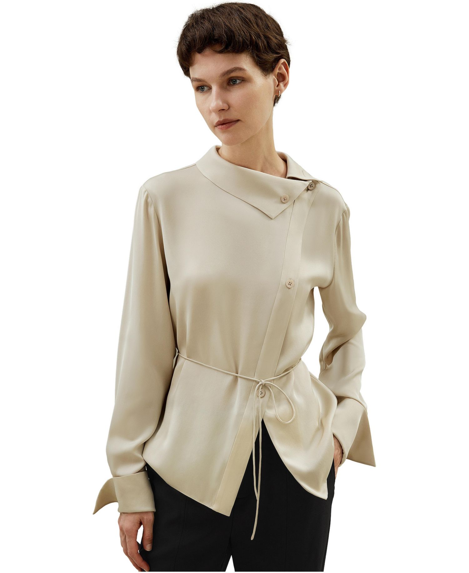 Women's Asymmetrical Silk Shirt with Waist Tie