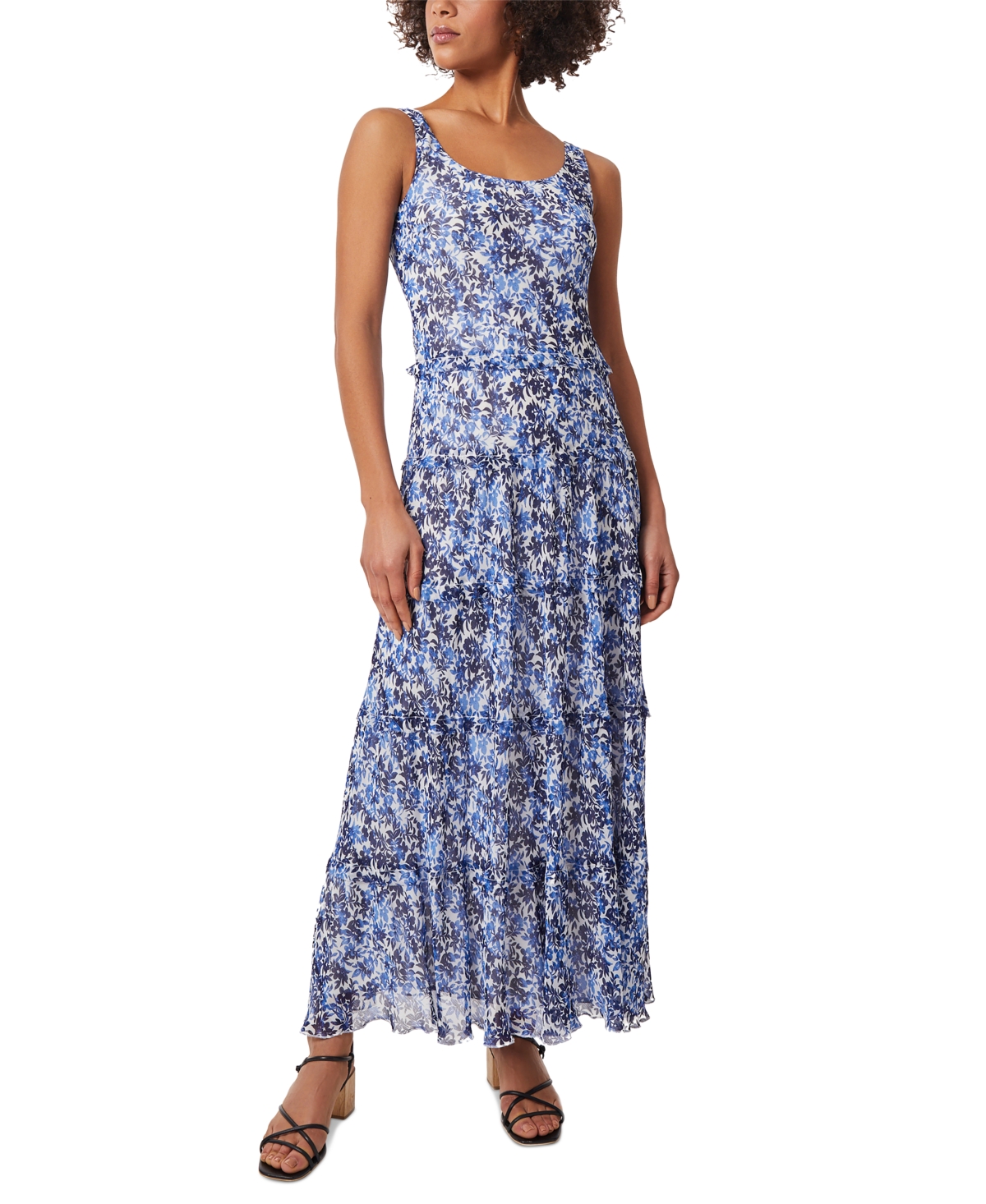 Shop Jones New York Women's Printed Multi-tiered Scoop-neck Dress In Nyc White,blue Horizon