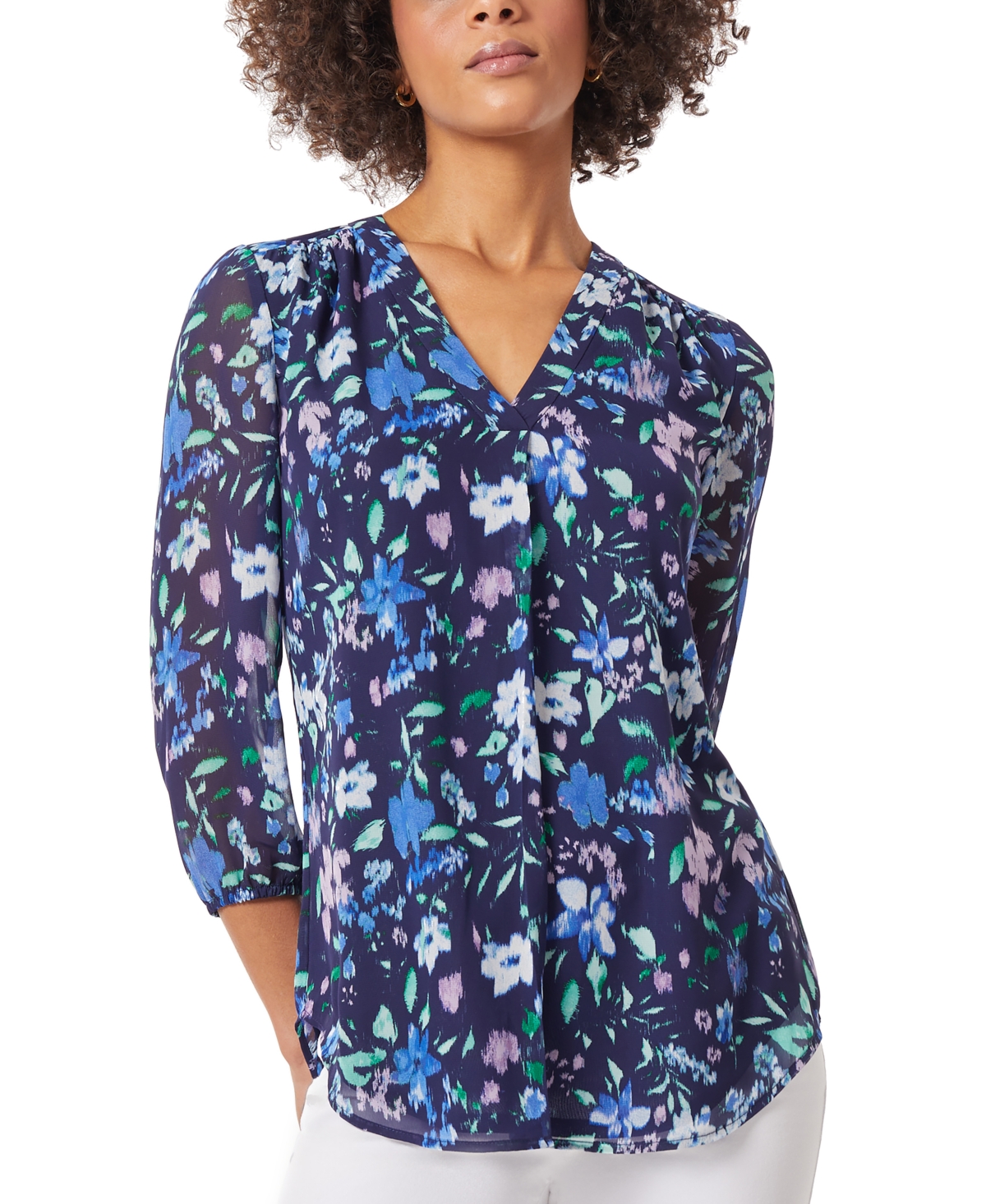 Women's Floral-Print 3/4-Sleeve V-Neck Top - Pacific Navy Multi