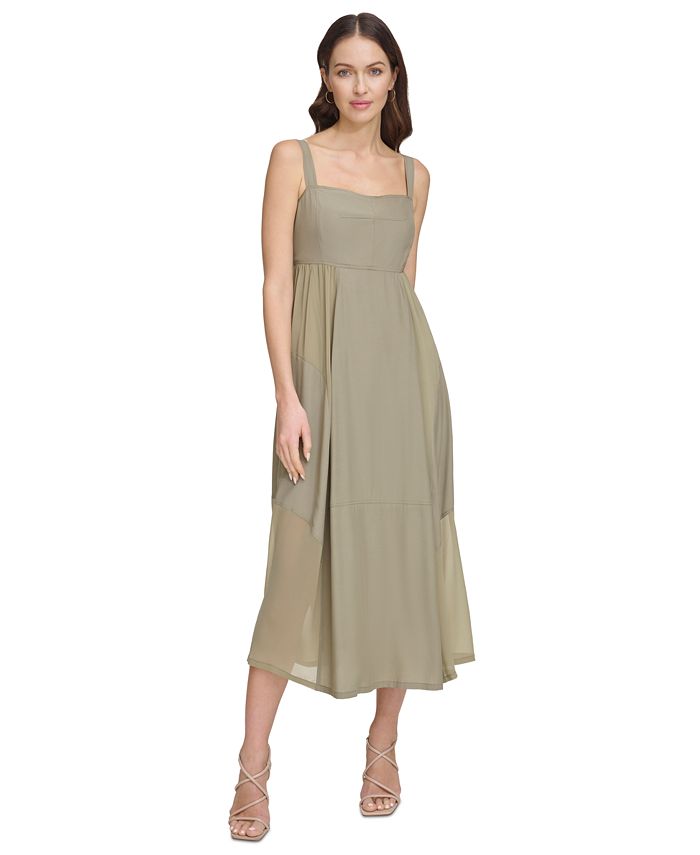 DKNY Women's Sleeveless Jewel Neck Midi Dress With Square Ring Trim