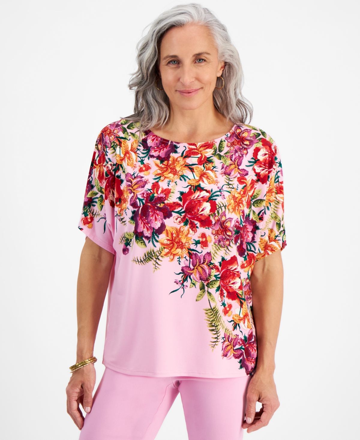 Petite Paradise Garden Dolman-Sleeve Top, Created for Macy's - Blossom Berry Combo