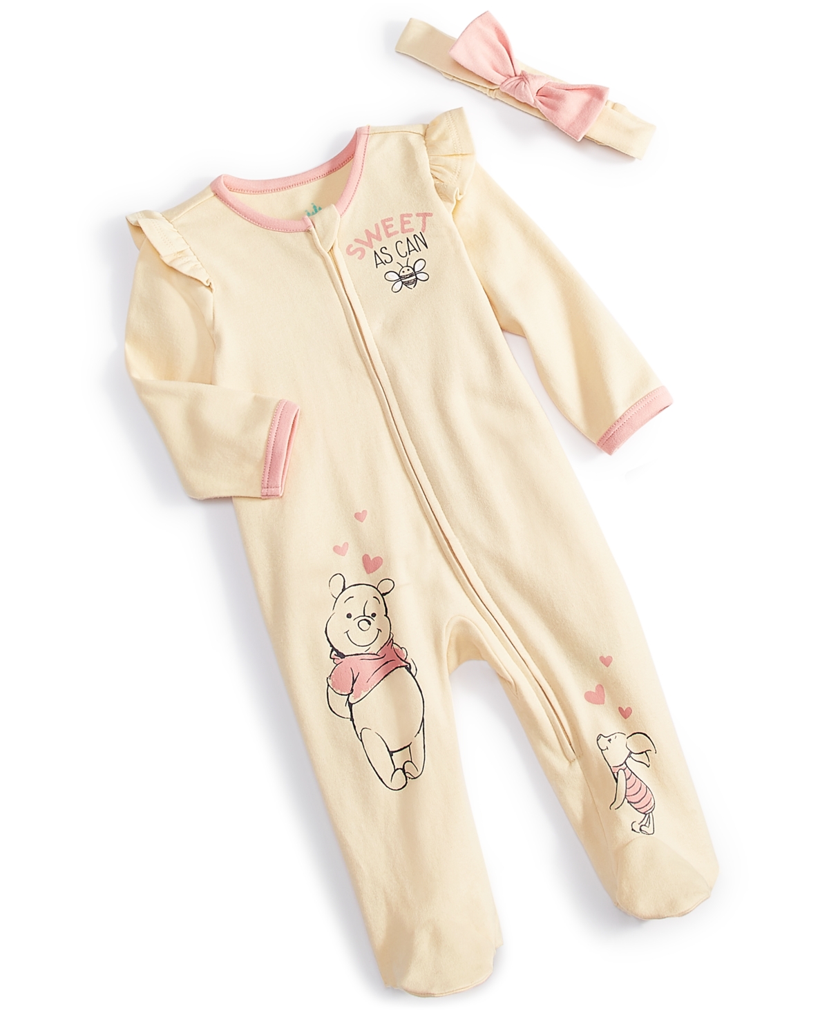 Shop Disney Baby Winnie-the-pooh Footed Coverall & Headband, 2 Piece Set In Light Yellow