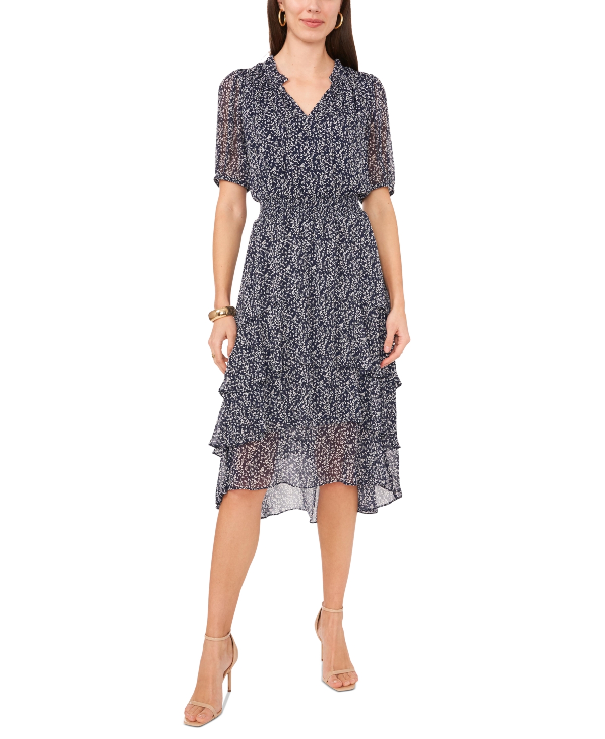Shop Vince Camuto Women's Printed Puff Sleeve Tiered Midi Dress In Classic Navy