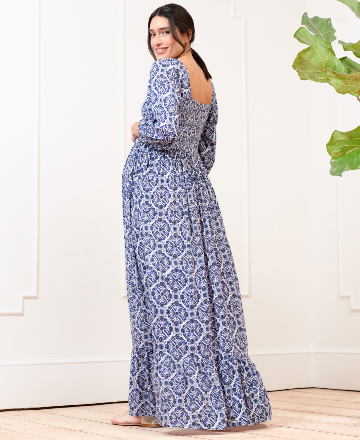 Shop Seraphine Women's Maternity Crepe Shirred Bodice Maxi Dress In Blue Print