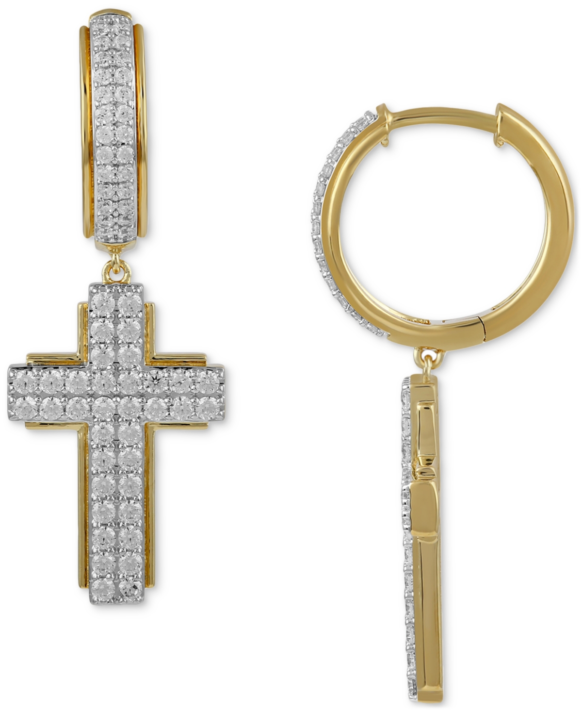 Macy's Men's Diamond Cluster Cross Dangle Hoop Earrings (1 Ct. T.w.) In Gold Over Silver