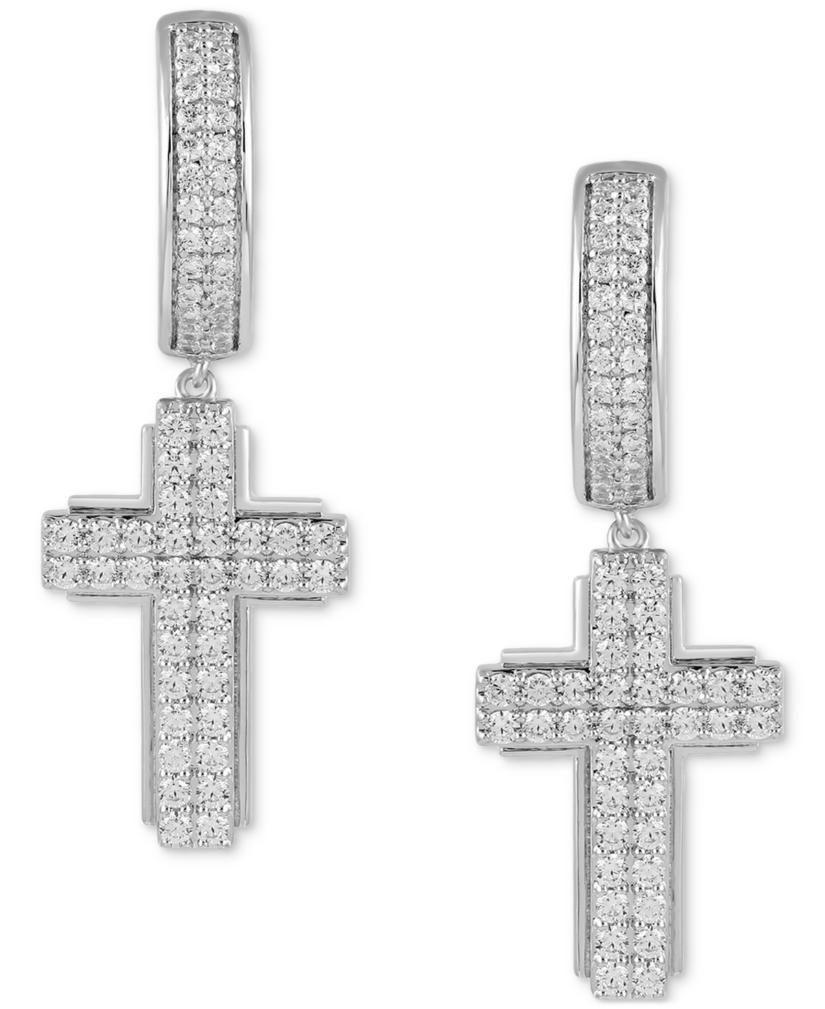 Men's Diamond Cluster Cross Dangle Hoop Earrings (1 ct. t.w.) - Gold Over Silver