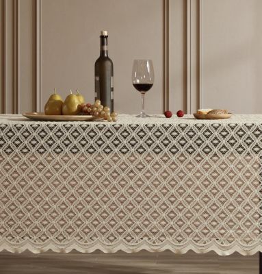HLC.me Alona Lace Fabric Tablecloth, Lace Fabric Table Cloth for Rectangle Tables, Wrinkle Resistant Tablecloth, Patterned Scalloped