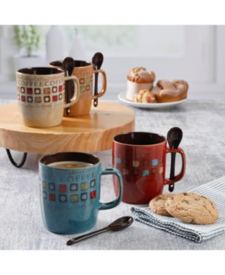 Cafe Americano 8-Piece 14 Ounce Mug Set with Spoons, Assorted Styles/Color