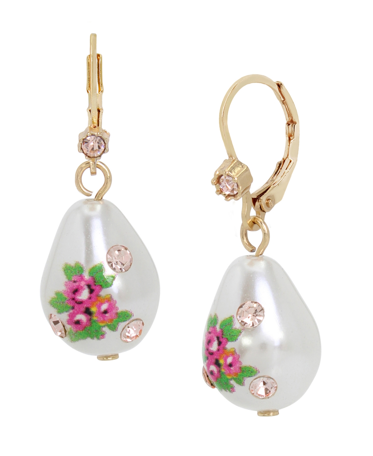 Betsey Johnson Faux Stone Floral Imitation Pearl Drop Earrings In Pearl,gold