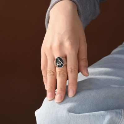 Square Compass Black Oval Signet Freemason Masonic Ring Stainless Steel