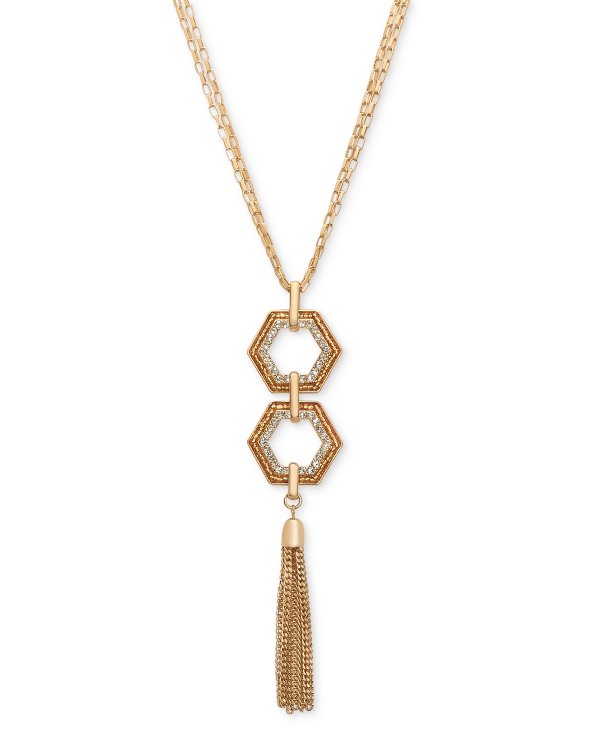 Pave & Beaded Hexagon Chain Tassel Pendant Necklace, 28" + 3" extender, Created for Macy's - Silver