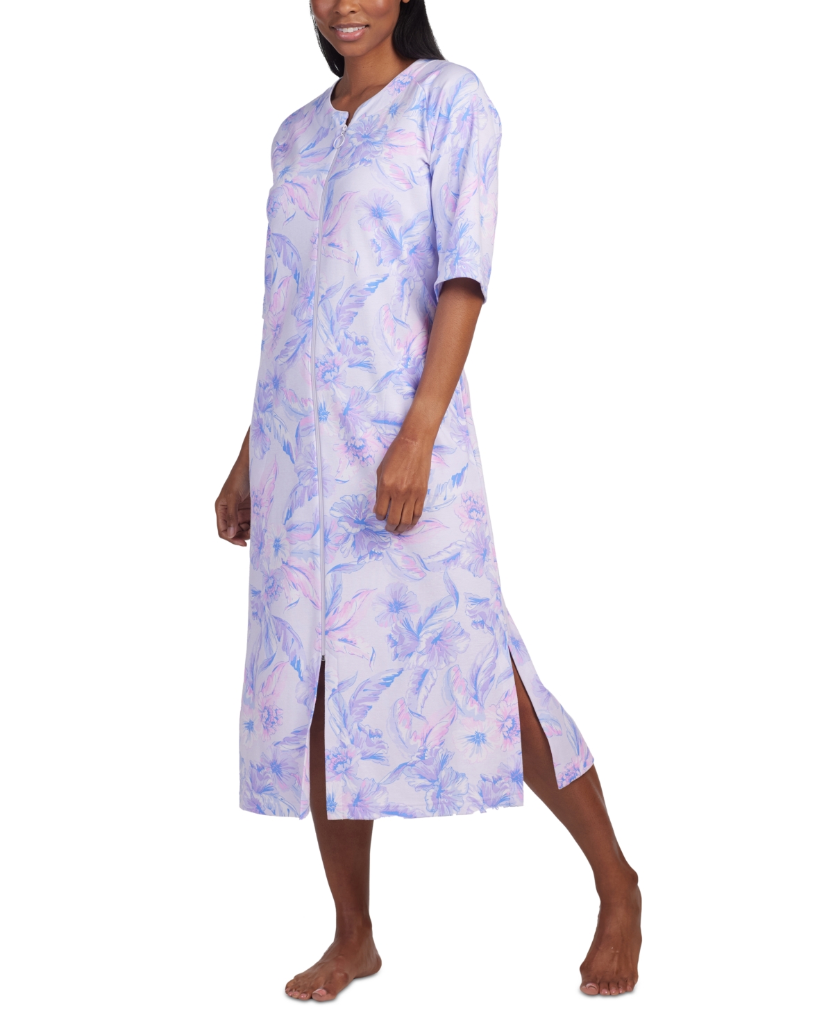 Miss Elaine Women's Printed 3/4-sleeve Zip-front Robe In Lavender