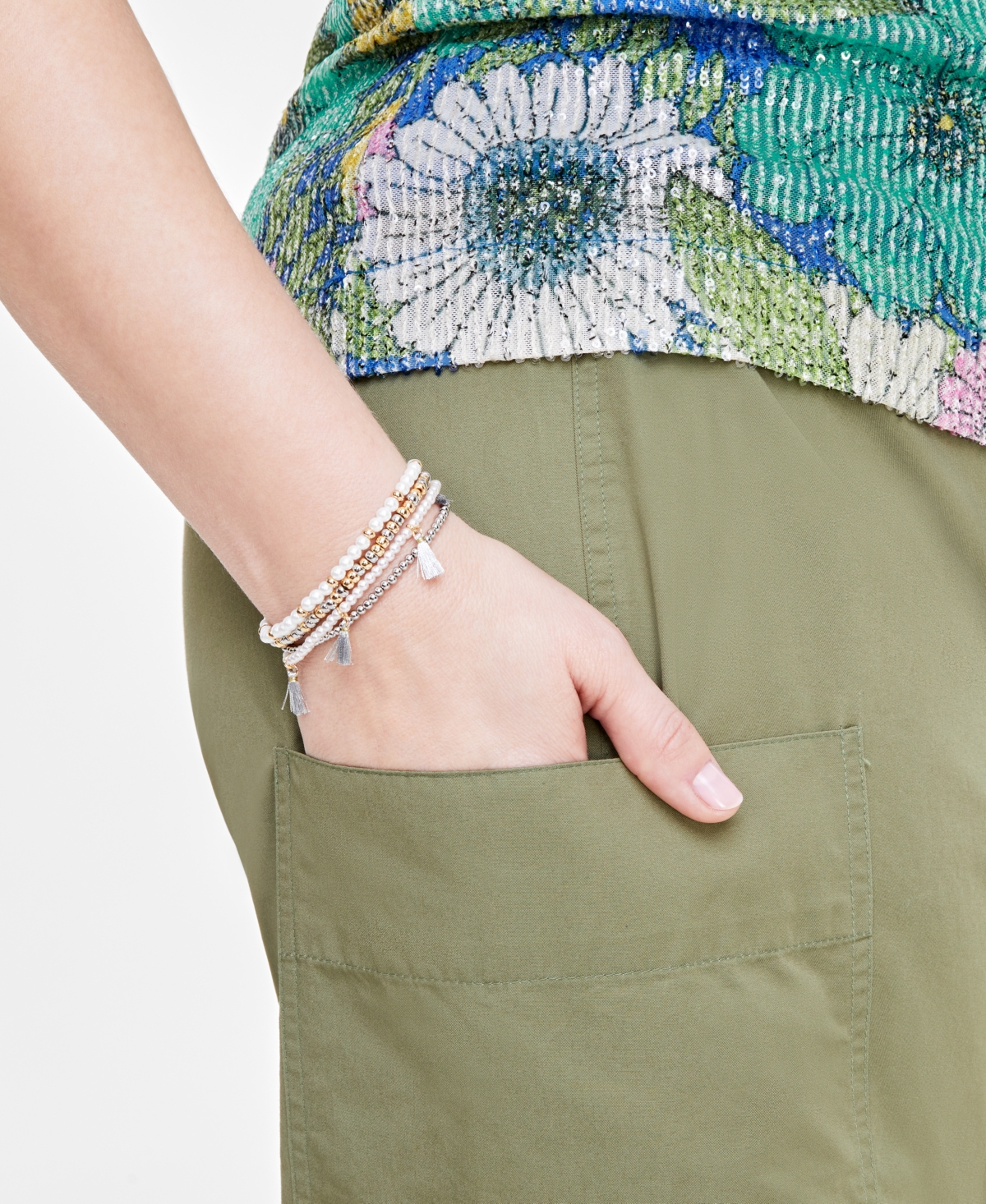 On 34th 4-Pc. Set Bead, Imitation Pearl & Tassel Stretch Bracelets, Created for Macy's