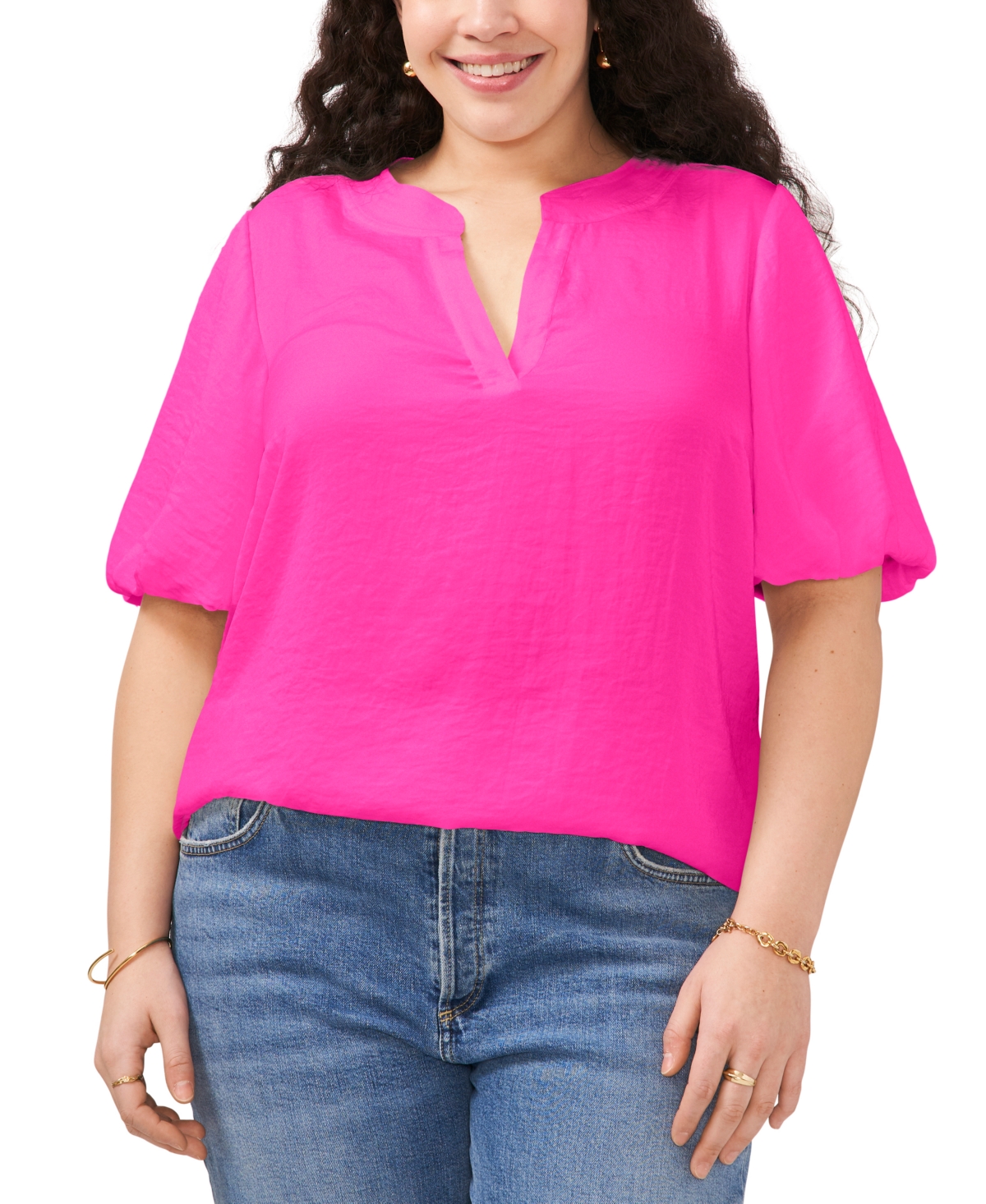 Shop Vince Camuto Plus Size Split-neck Puffed-sleeve Top In Hot Pink
