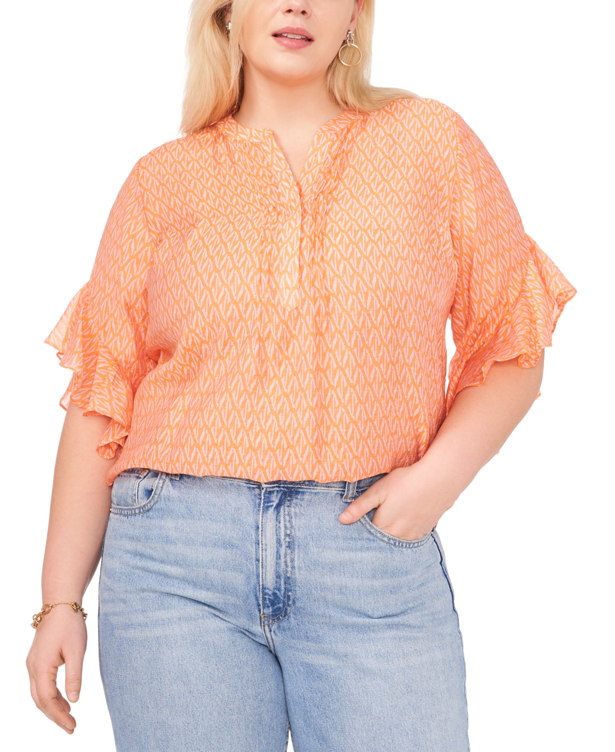 Shop Vince Camuto Plus Size Printed Henley Flutter-sleeve Top In Orange Fiz