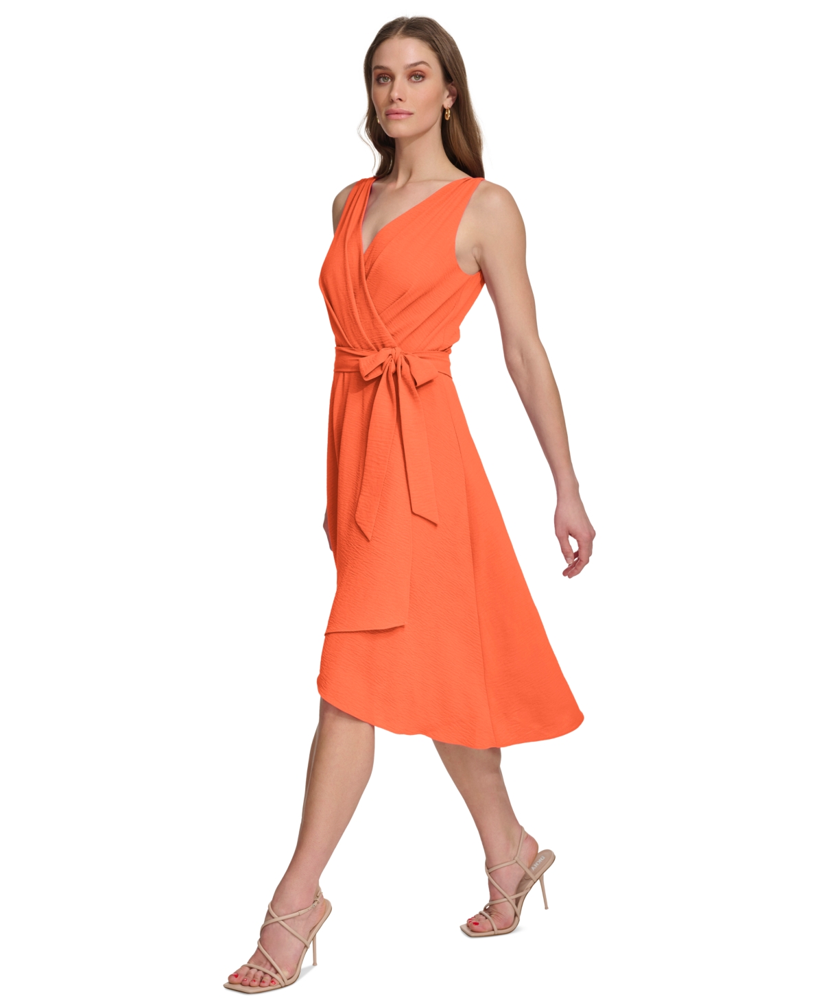 Shop Dkny Women's Sleeveless Faux-wrap Dress In Tigerlily