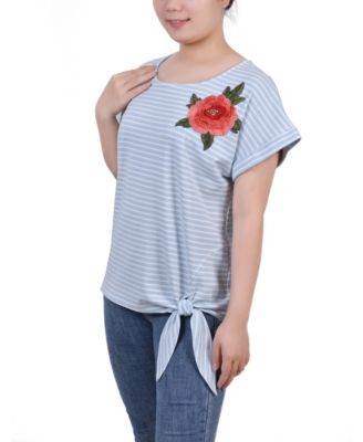 Women's Short Sleeve Embroidered Tie Front Top