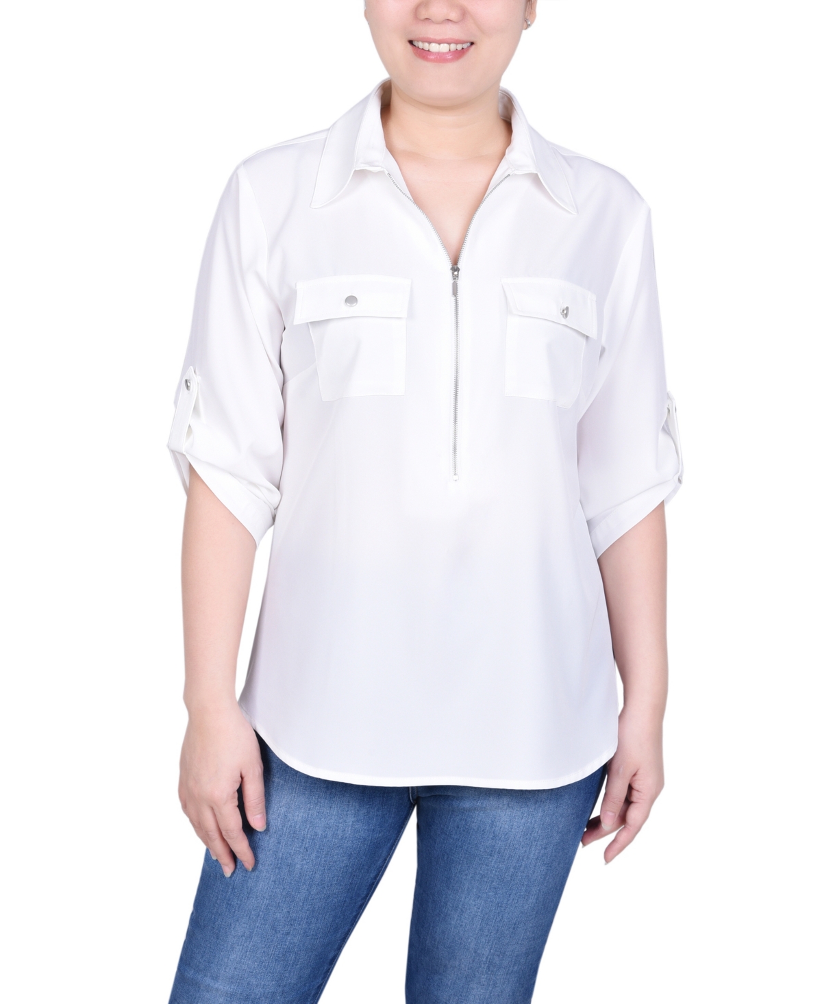 Women's 3/4 Roll Tab Sleeve Zip Front Top - White