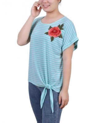 Women's Short Sleeve Embroidered Tie Front Top