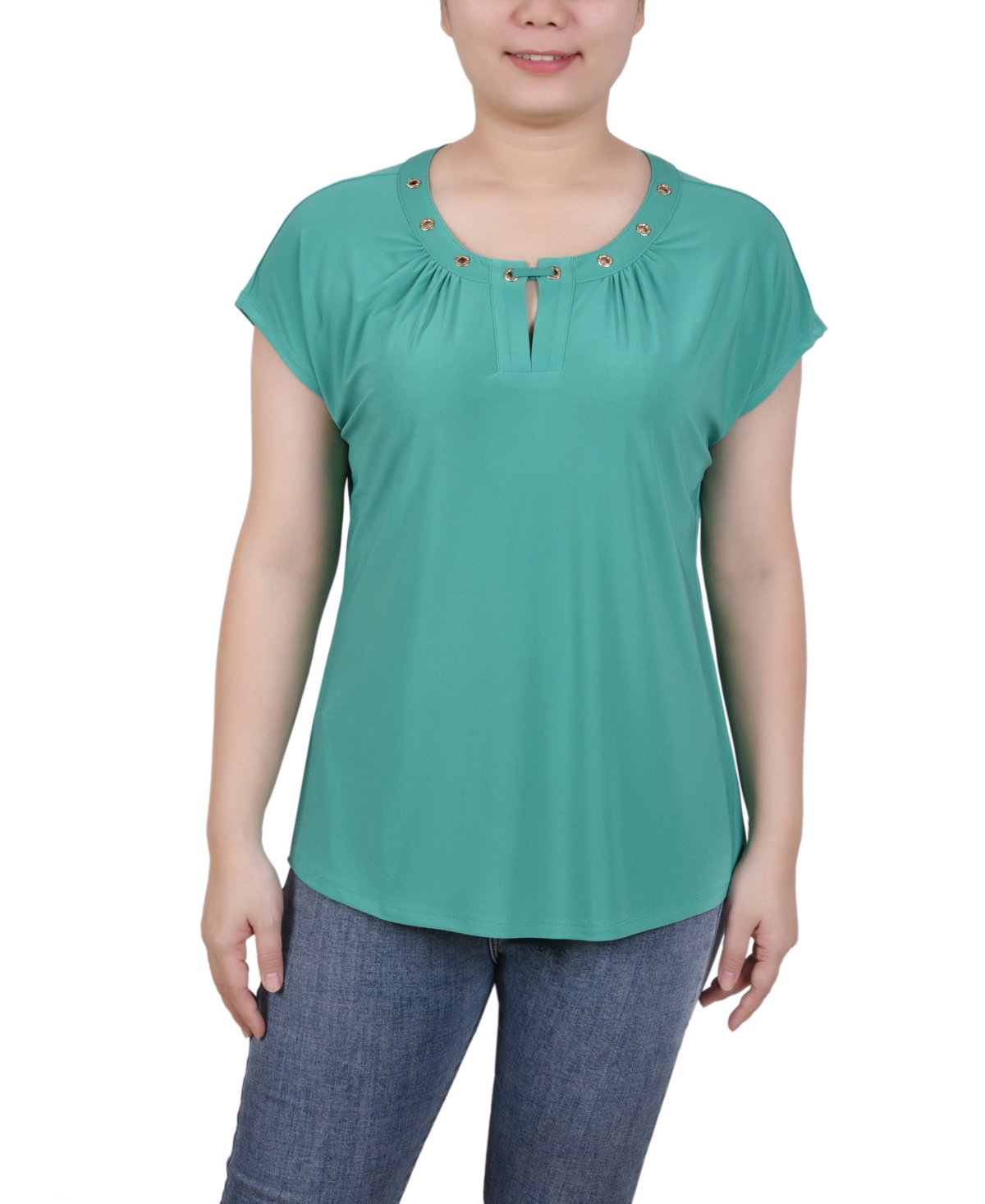 Ny Collection Women's Short Extended-sleeve Grommet Neck Knit Top In Emerald