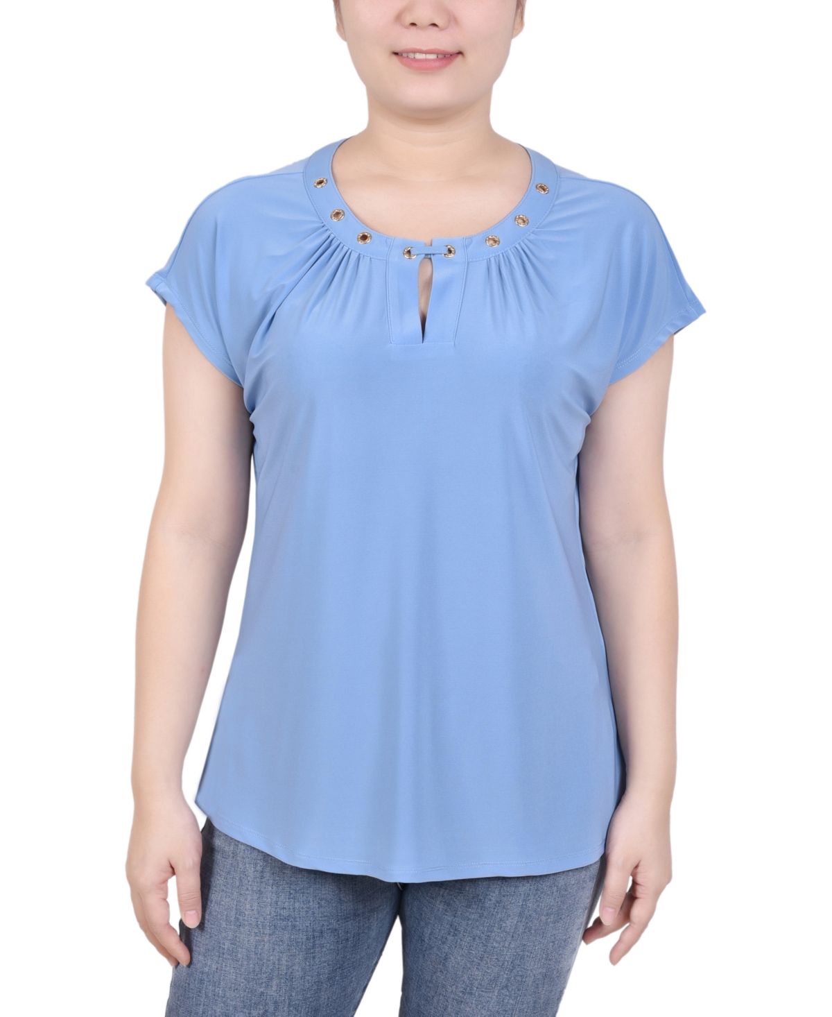 Ny Collection Women's Short Extended-sleeve Grommet Neck Knit Top In Silver Lake Blue