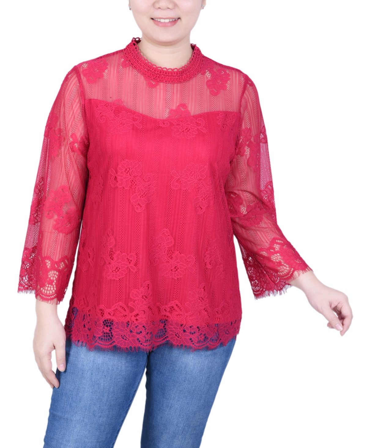 Women's 3/4 Sleeve Lace Blouse - Persian Red