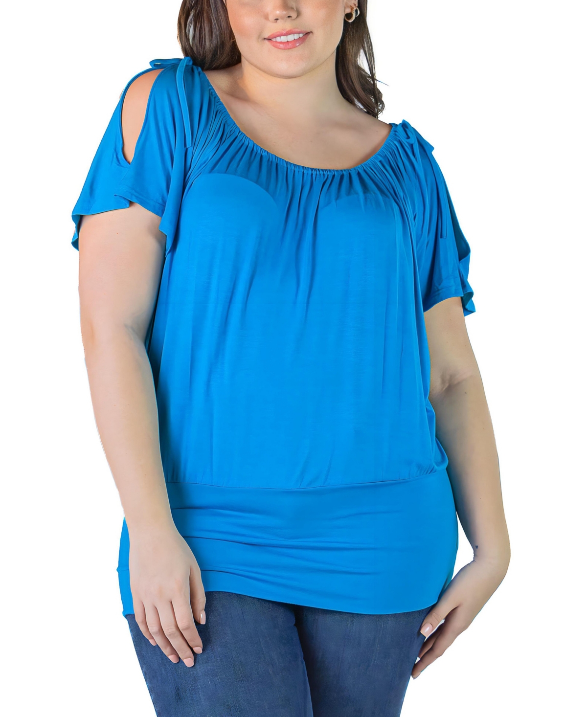 24seven Comfort Apparel Plus Size Short Sleeve Split Shoulder Top In Turquoise