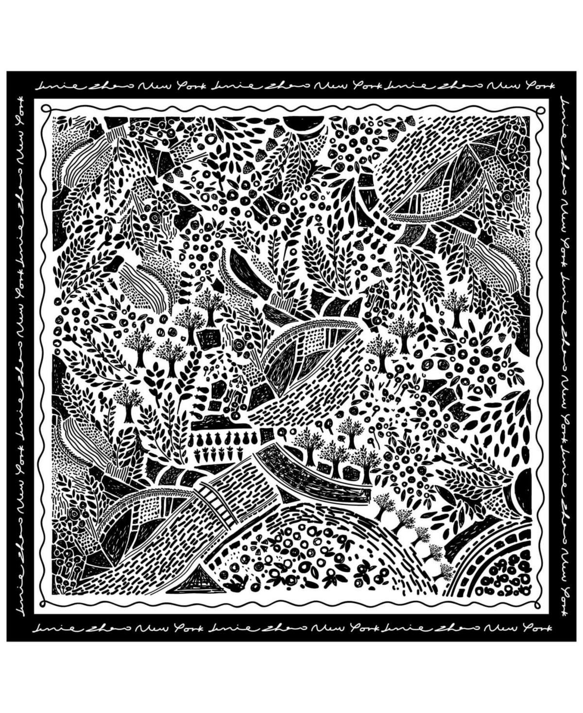 Double Sided Silk Scarf Of Black Garden - Black and white