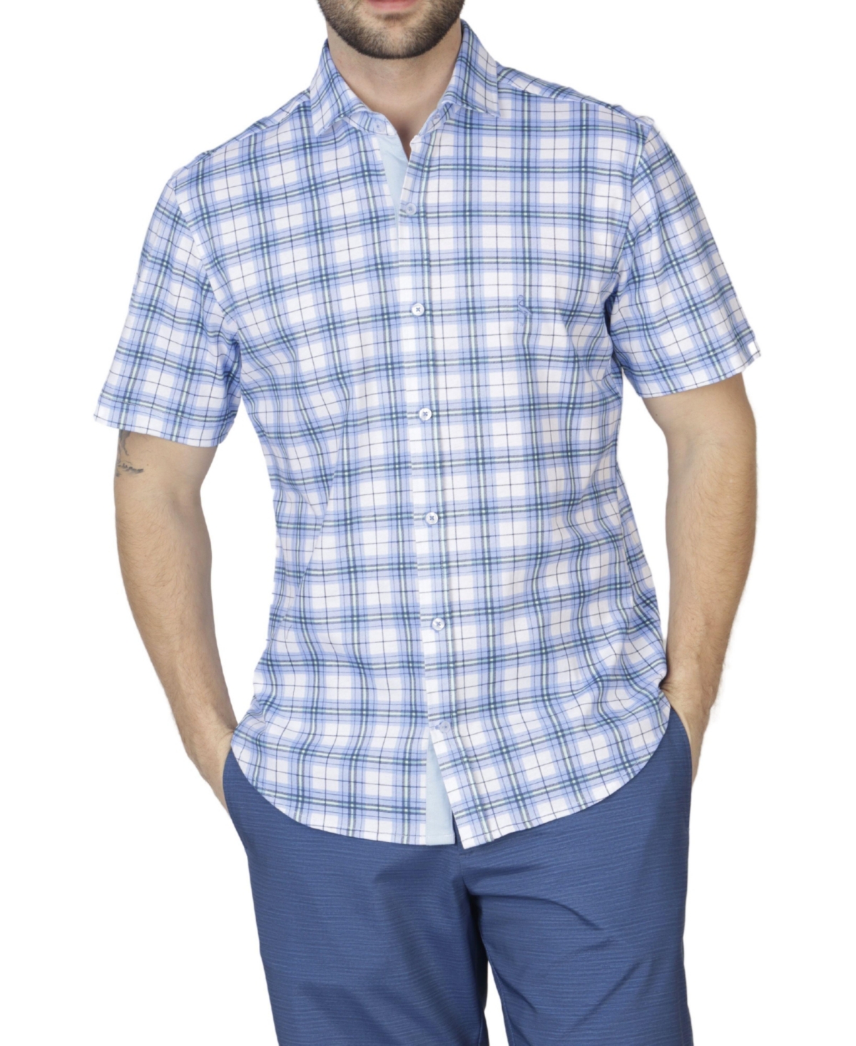 Windowpane Plaid Knit Short Sleeve Shirt - Blue byrd
