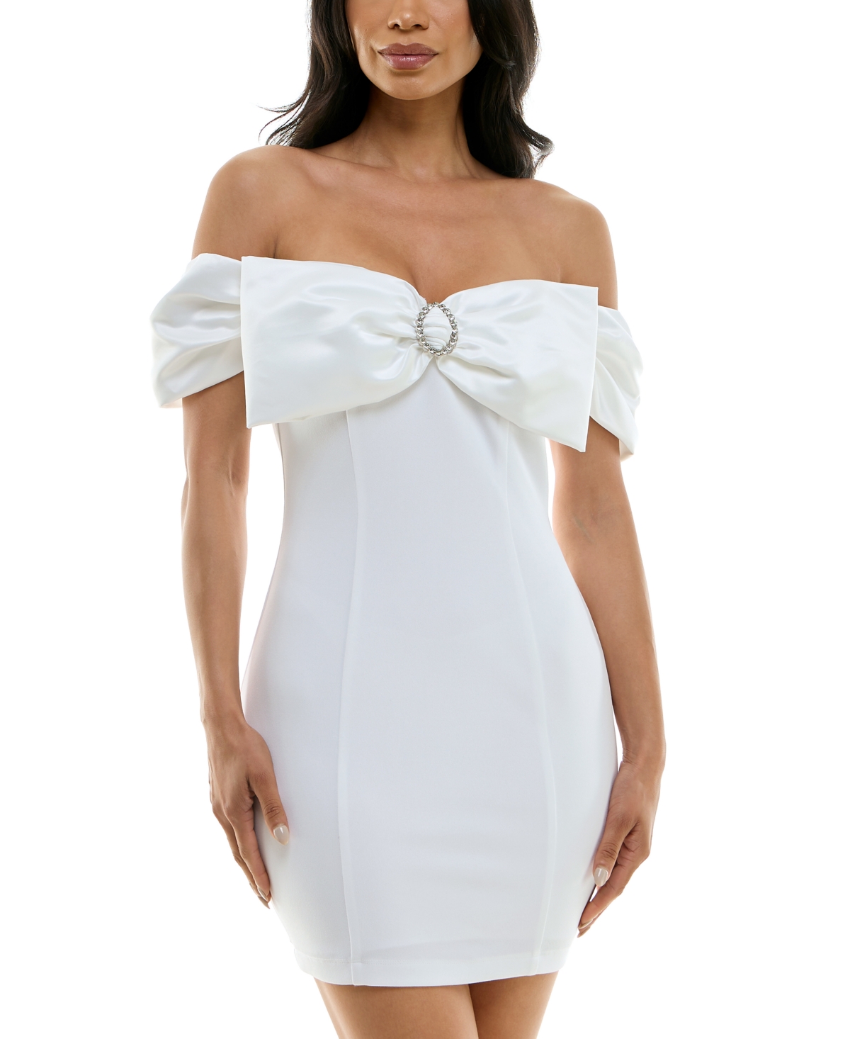 Juniors' Off-The-Shoulder Bow-Neck Bodycon Dress - Wht/cry