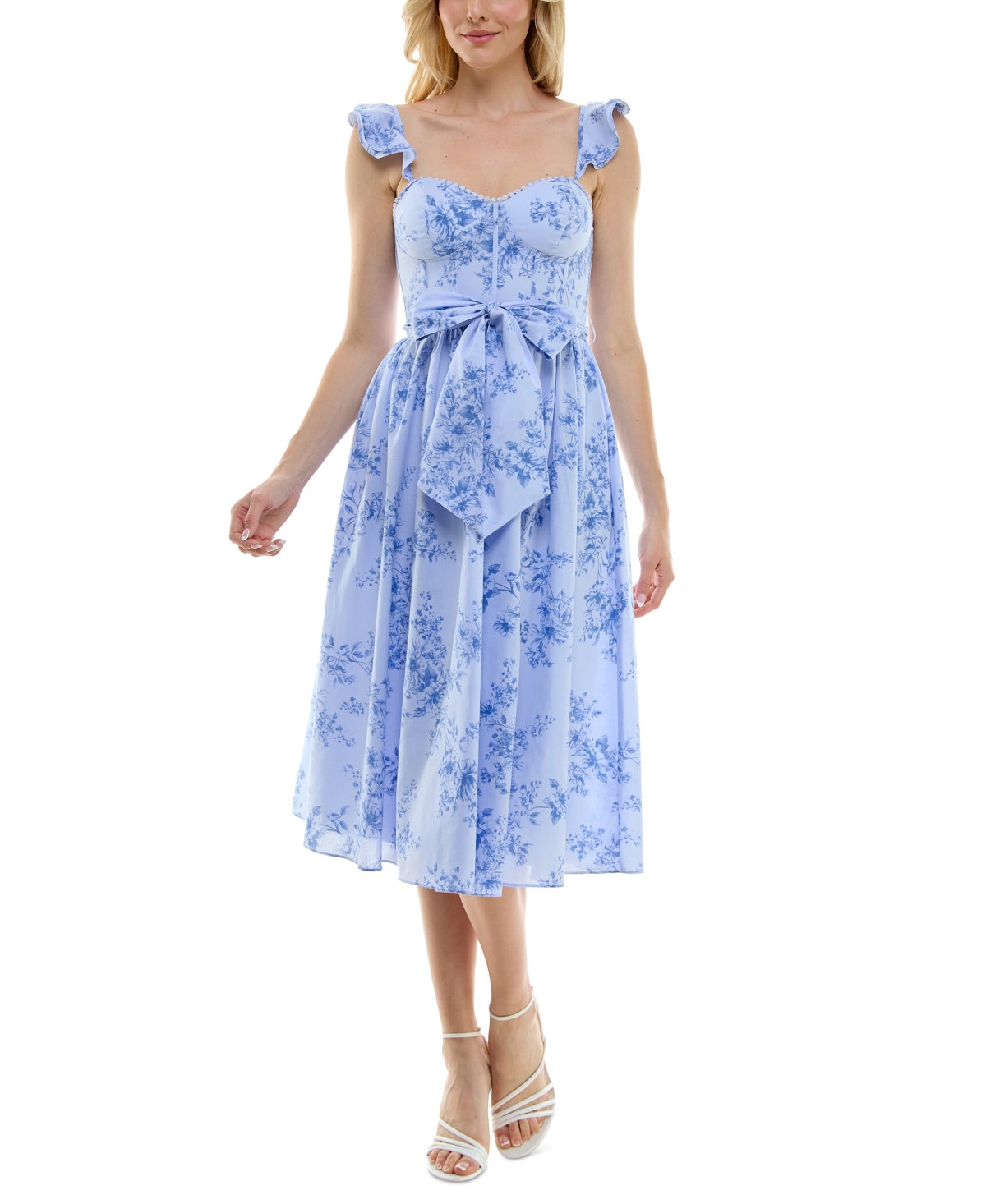 Shop B Darlin Juniors' Ruffle-sleeve Bustier Midi Dress In Peri,blue
