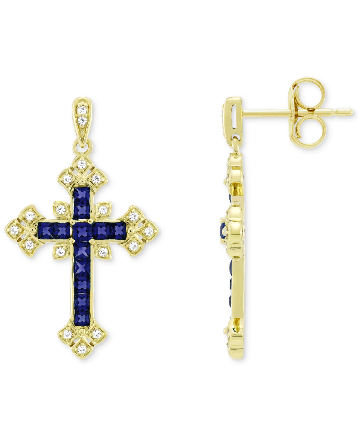 Lab-Grown Blue Sapphire (5/8 ct. t.w.) & Lab-Grown White Sapphire (1/10 ct. t.w.) Ornate Cross Drop Earrings in 14k Gold-Plated Sterling Silver (Also