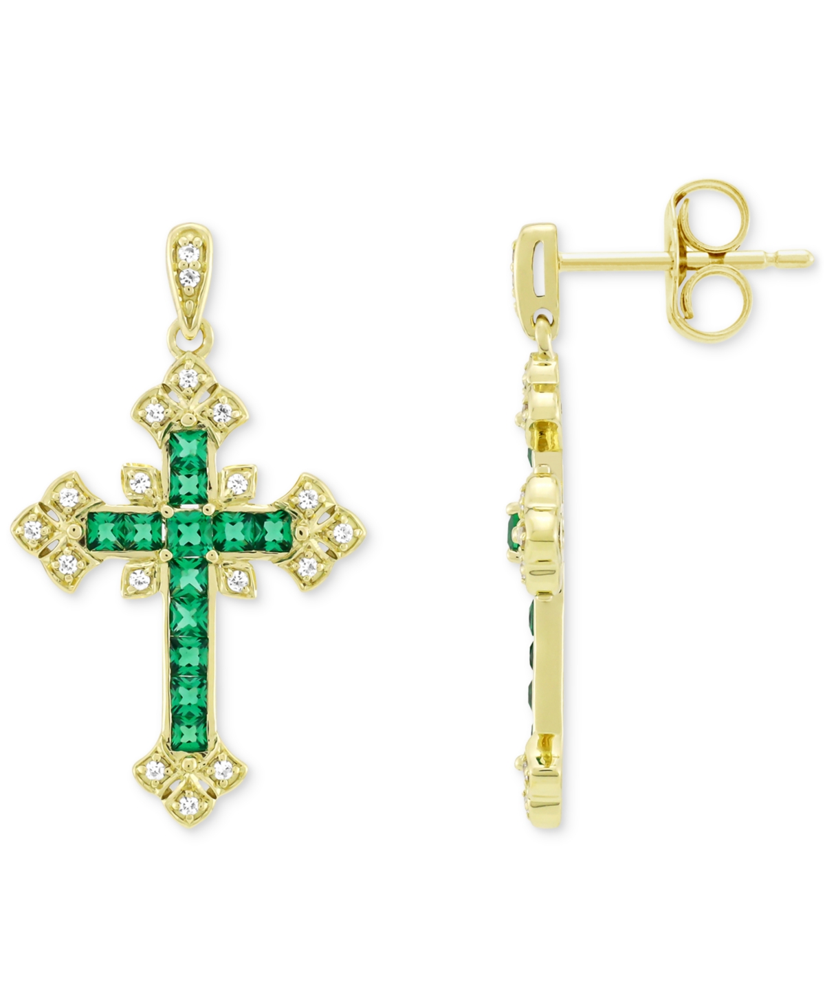 Lab-Grown Blue Sapphire (5/8 ct. t.w.) & Lab-Grown White Sapphire (1/10 ct. t.w.) Ornate Cross Drop Earrings in 14k Gold-Plated Sterling Silver (Also