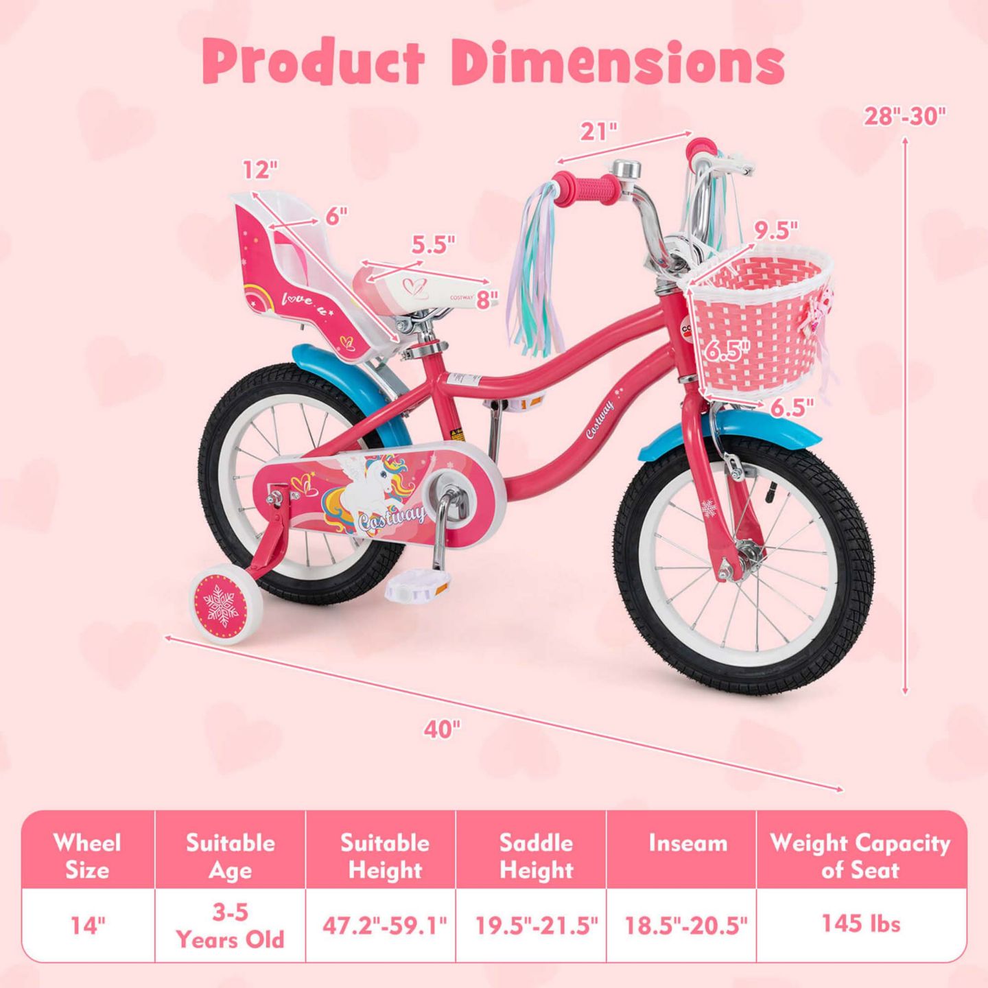 Детская игрушка Costway Brighter Youth I 18" Kids Bicycle with Training Wheels, 145-lb Capacity, Ages 4-8, цвет: Розовый — фото 2