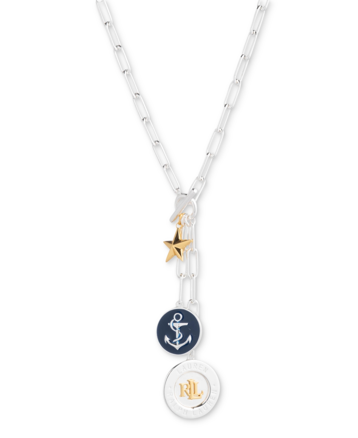 Lauren Ralph Lauren Sterling Silver & 18k Gold-Plated Vermeil Nautical Logo Charm 17" Lariat Necklace - Navy