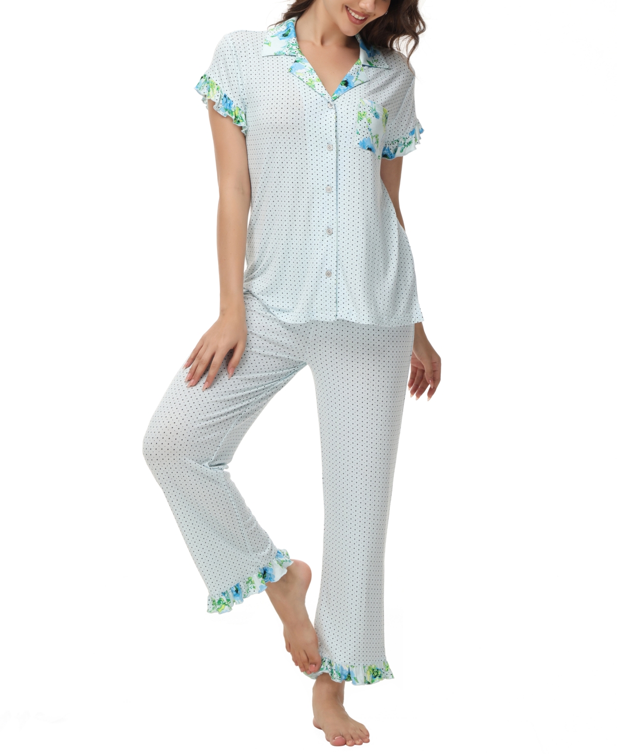 Women's Printed Notch Collar Short Sleeve with Ruffle and Pants 2 Pc. Pajama Set - Dot Floral
