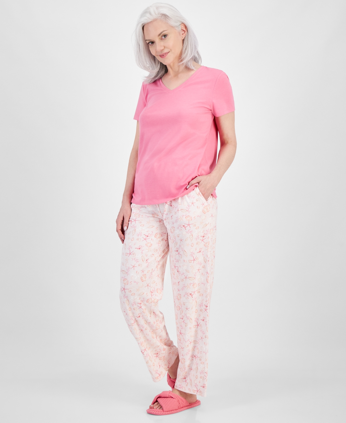 Women's Printed Drawstring Pajama Pants, Created for Macy's - Sketched Leaves