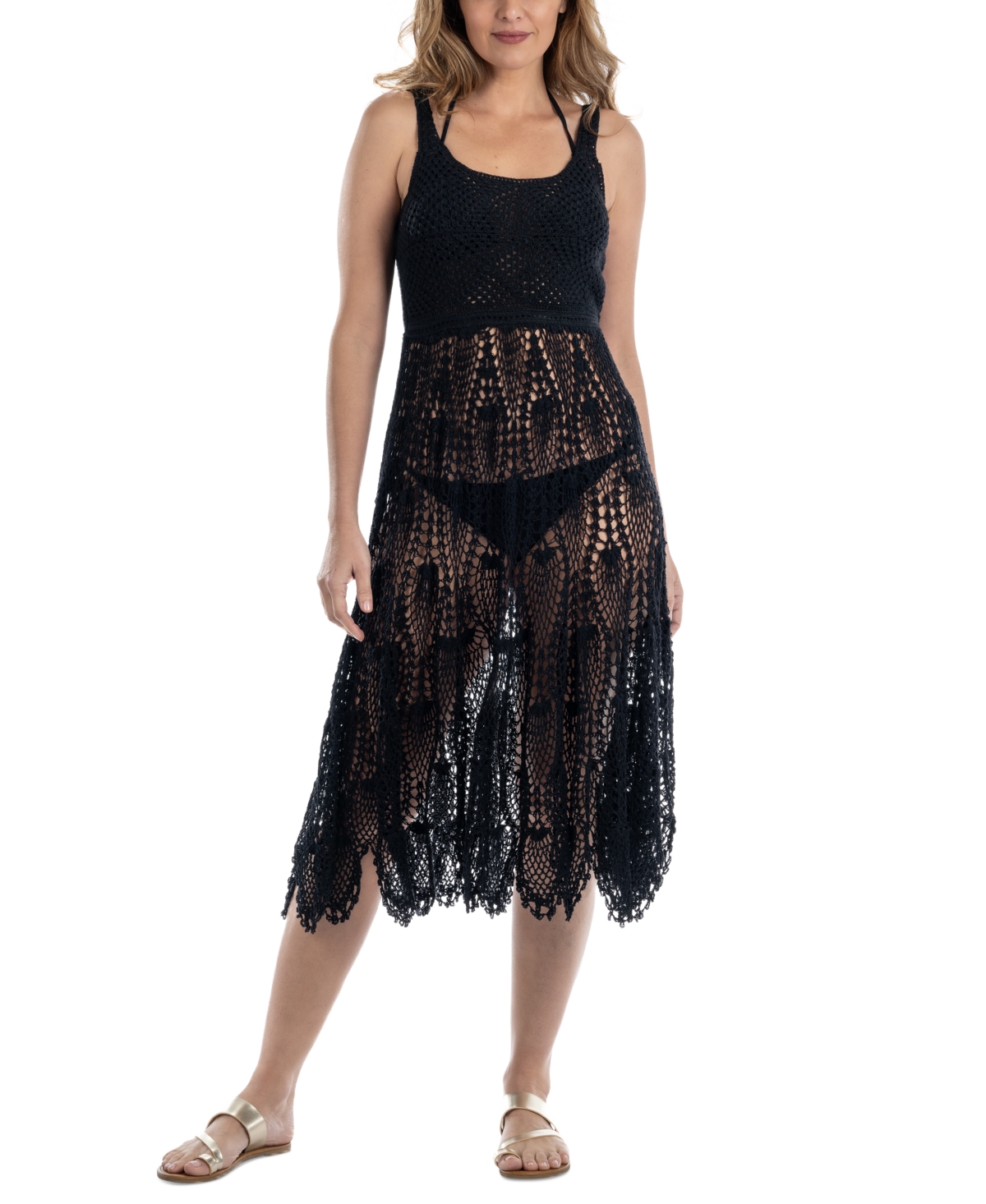 Shop Dotti Women's Cotton Crochet Sleeveless Cover-up Dress In Black