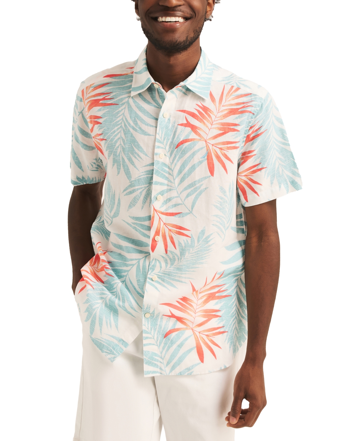 Men's Leaf Print Short Sleeve Button-Front Shirt - Bright White