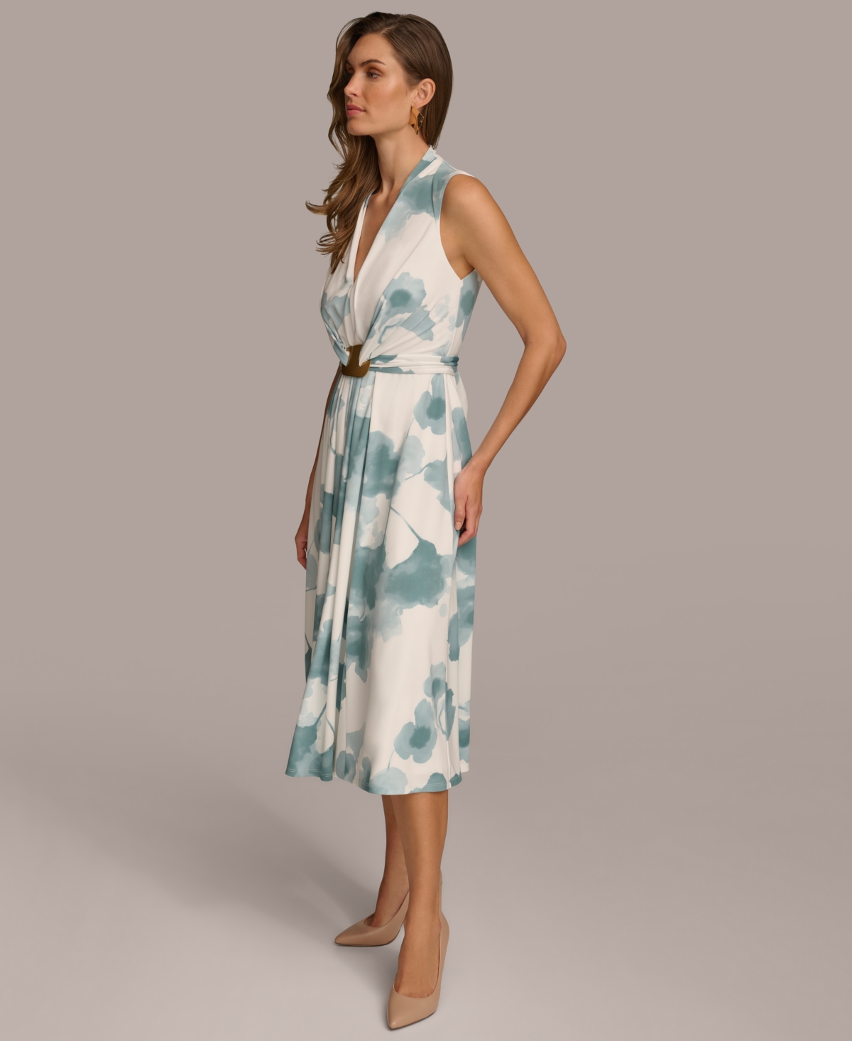 Shop Donna Karan Women's Printed Waist-wrap Midi Dress In Blue Frost