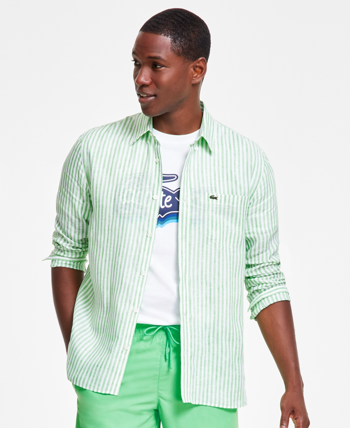 Lacoste Men's Long Sleeve Striped Button-Down Linen Shirt -peppermint