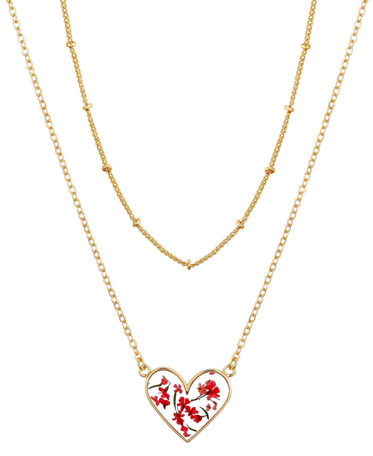Unwritten Pink Dried Flower Heart Layered Pendant Necklace In Gold