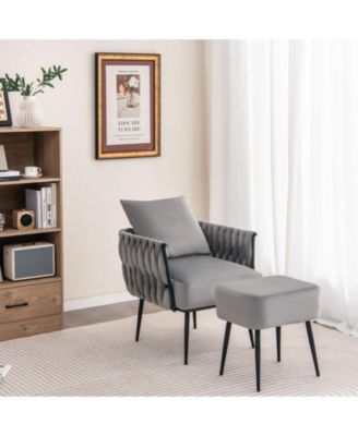 Modern Dutch Velvet Accent Chair and Ottoman Set with Weaved Back and Arms