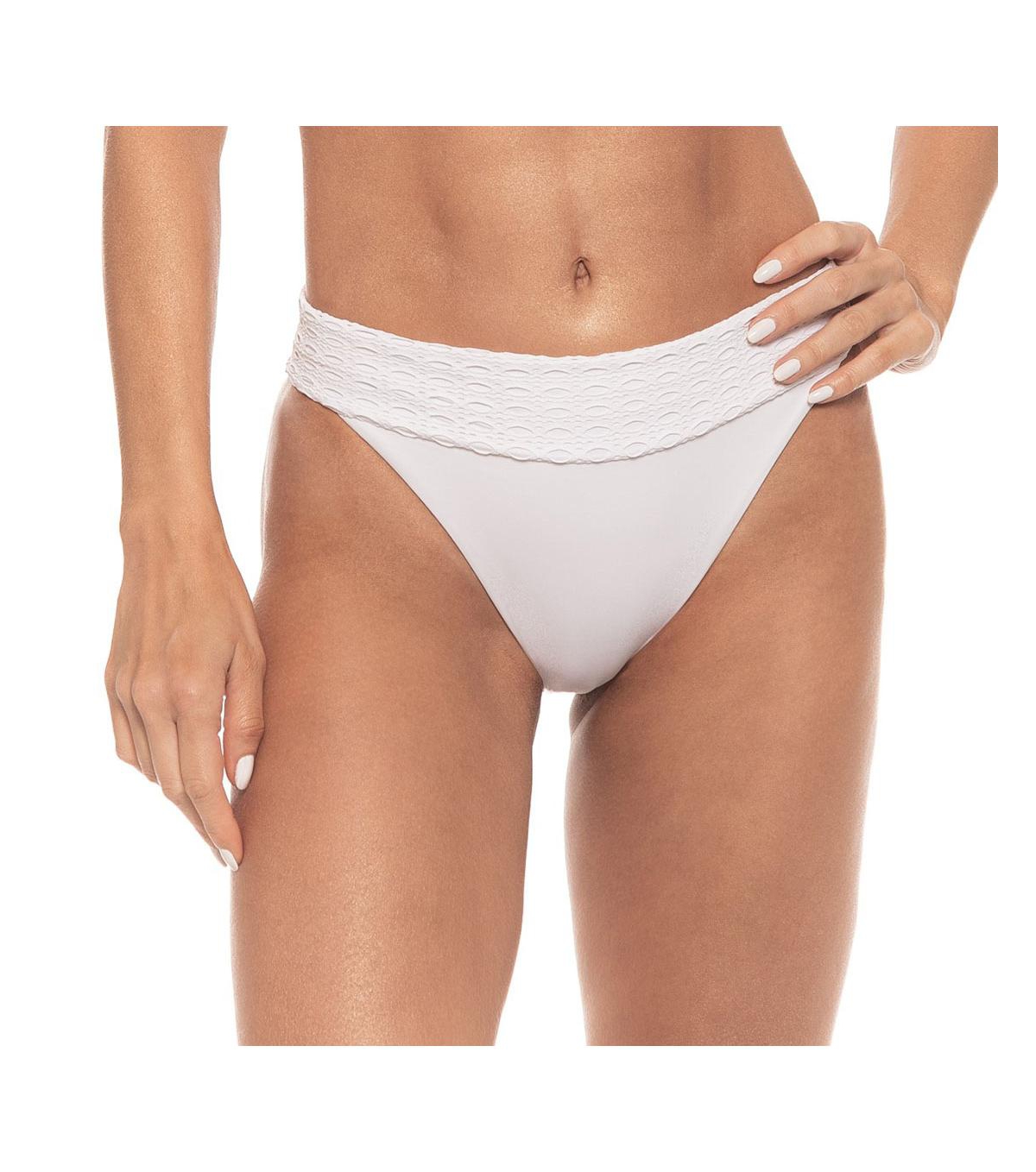 Women's Lace Overlay High Cut Banded Bikini Bottom - White