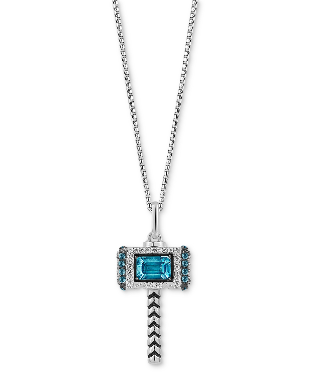 Wonder Fine Jewelry Swiss Blue Topaz (1-1/4 Ct. T.w.) & Diamond (1/5 Ct. T.w.) Thor Hammer 18" Pendant Necklace In Sterl In Sterling Silver
